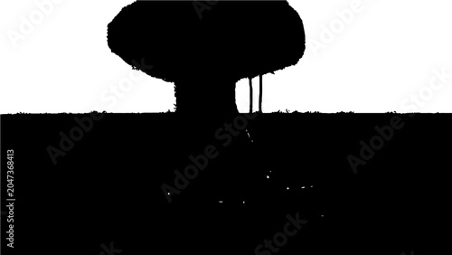 black sillhouette of a tree with a swing against a white sky.