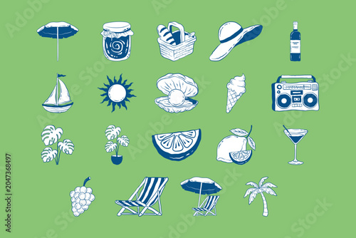 Bild auf Leinwand Hand Drawn Summer Vacation and Beach Life Doodle Icon Set