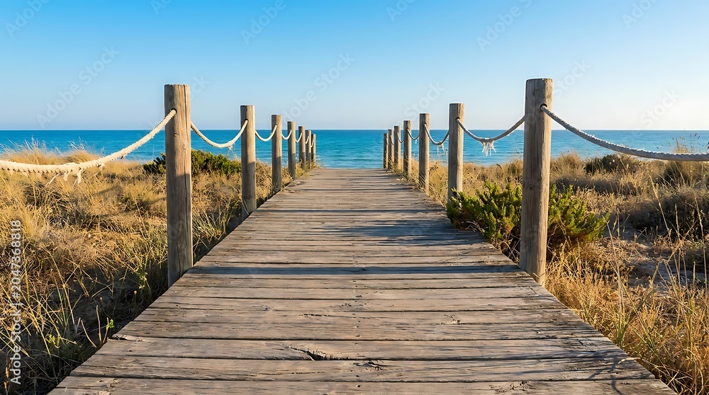 Obraz premium Boardwalk made of weathered wooden planks leads directly toward the calm blue water of the ocean under a clear sky.