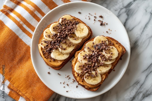 Two slices of peanut butter banana toast topped with cacao nibs on a white plate
