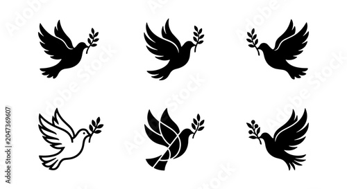 Bild auf Leinwand Peace Dove Icons Set: Flying Birds with Olive Branches, Symbolizing Hope and Har