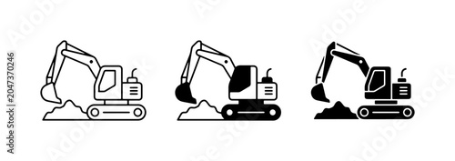 Excavator Icons Set, Construction Digging Machine Vector Graphics, Heavy Equipment Symbols