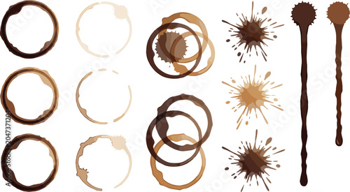 Coffee Stain and Splash Effect Set with Cup Ring Marks, Drip Splatters, and Stirrer Sticks for Grunge, Cafe, and Texture Designs