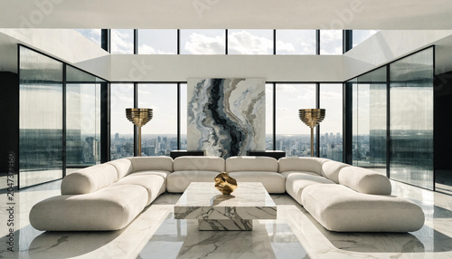 Fotografie Modern luxury living room with panoramic windows white sofas marble floor and ab
