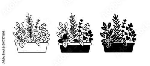 Bild auf Leinwand Potted Plant Icons: Garden Planter Vector Set, Botanical Illustration, Decorativ