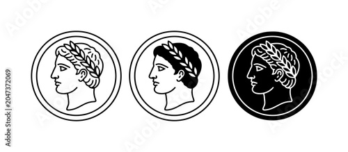 Ancient Roman Coin Icons, Laurel Wreath Profile, Vintage Caesar Head Graphics, Black and White
