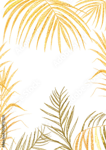 Elegant gold tropical palm leaves frame on a black background with glitter texture and copy space. Luxury botanical design for invitations, branding, posters, and social media.