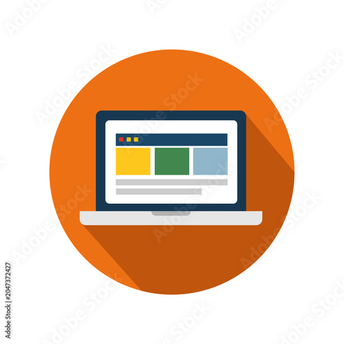 Computer Icon - Laptop displaying colorful data charts on vibrant orange gradient background