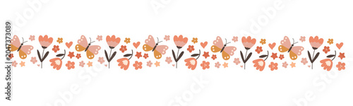 Floral seamless border featuring folk art flowers butterflies and small hearts in pastel terracotta tones used for nursery wall art greeting cards stationery and textile decorations