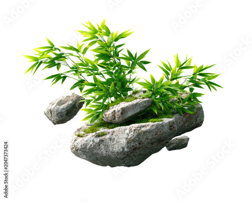 Zen Garden Oasis: A serene arrangement of moss-covered stones and vibrant green bamboo sprouts, creating a miniature natural landscape evoking tranquility and balance.