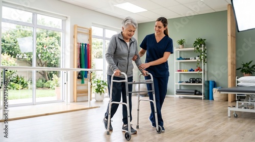 Elderly woman walking with nurse assistant.