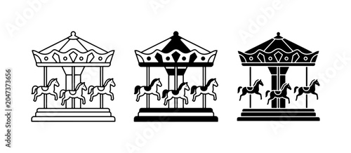 Fotografie Carousel Horse Icons, Amusement Park Rides, Vintage Carnival Vector Set