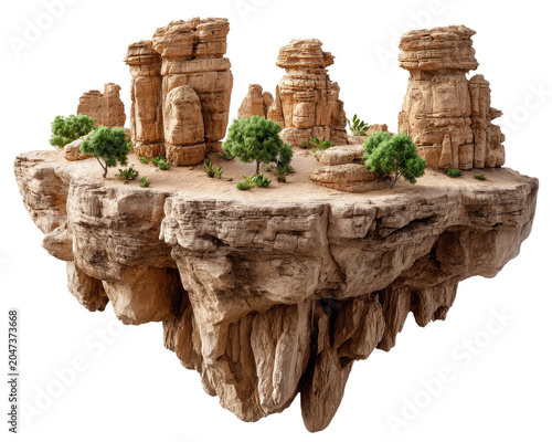Floating Island Surreal Landscape: A fantastical floating island, sculpted from arid rock and dotted with sparse greenery, hovers serenely against a void, a testament to imaginative world-building.