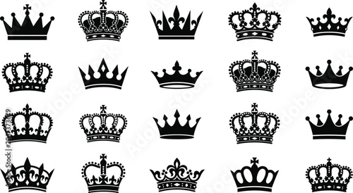 Fotografie Black crown silhouettes collection royal headwear icons isolated on transparent