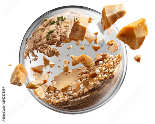 Crumbled Cheese Delight: A dynamic composition featuring chunks of aged cheese shattering and scattering, revealing layers of fine crumbs and creamy texture within a transparent bowl.