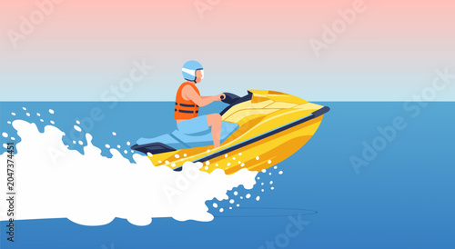 Φωτογραφία Vector illustration of a person riding a yellow jet ski creating a splash on the