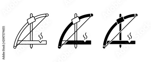 Schilderij op canvas Fire Starting Bow Drill Set Icons, Primitive Survival Tool Vector Graphics