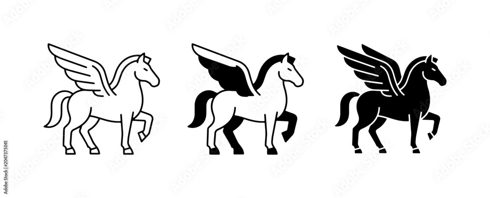 Obraz premium Pegasus Icons, Mythical Winged Horse Vector Graphics, Fantasy Creature Silhouettes