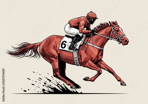 Tableau sur toile Dynamic vector illustration of a jockey riding a powerful chestnut horse during