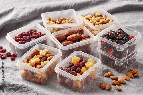 Assortment of Small Reusable Food Storage Containers Filled with Various Nuts and Dried Fruits