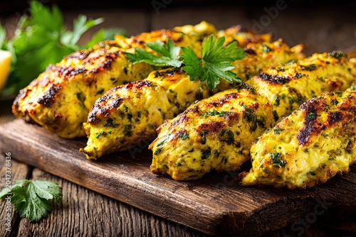 Close-up of freshly baked chicken skewers seasoned with herbs and spices on a wooden platter
