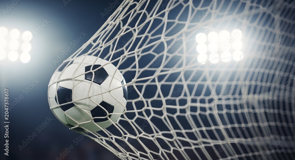 Fototapeta premium Soccer ball flying into the goal net under bright stadium floodlights during a nighttime match.
