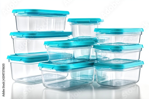 Collection of assorted empty stackable plastic food storage containers with blue lids, ideal for meal preparation and organization