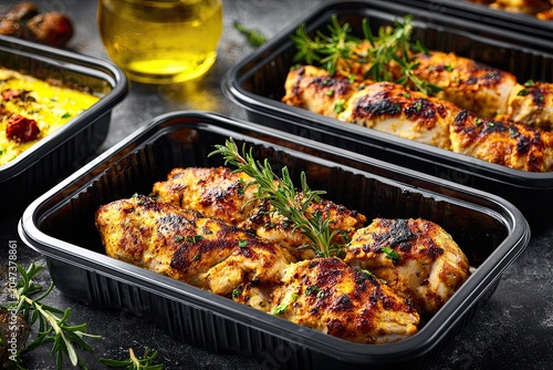 Close-up of freshly grilled chicken skewers with rosemary, ready for takeout