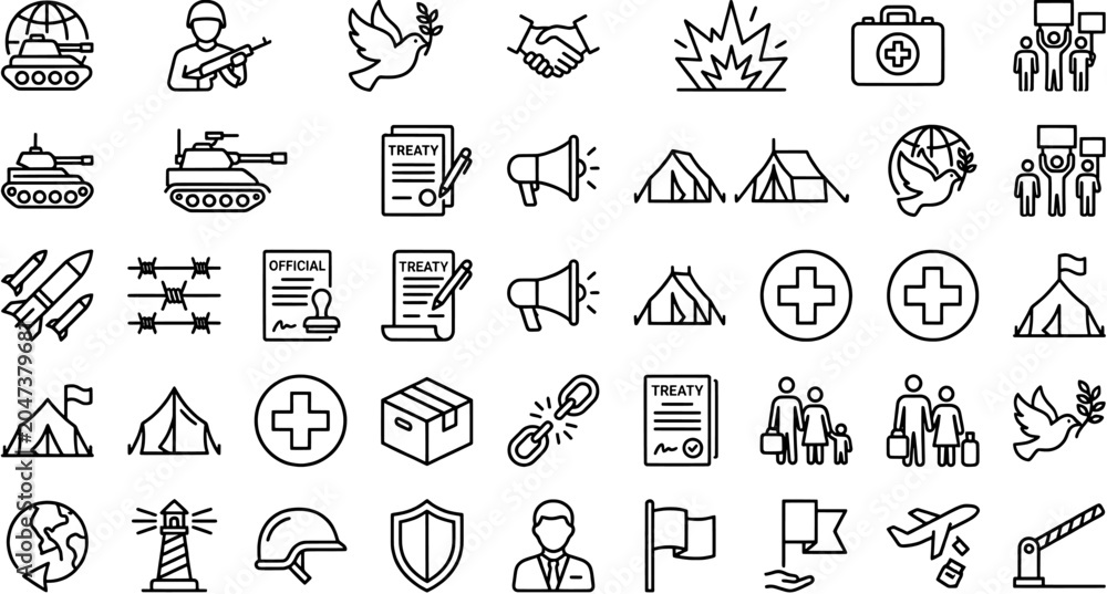 Fototapeta premium Set of outline war and peace icons representing military conflict, humanitarian aid and diplomatic treaty agreements