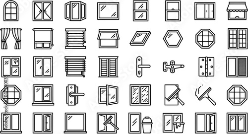 Set of window and home maintenance icons featuring various frame styles, curtains, shutters and glass cleaning tools.