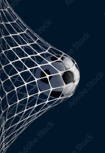 Fotografie 3d rendering soccer ball scoring goal breaking the net