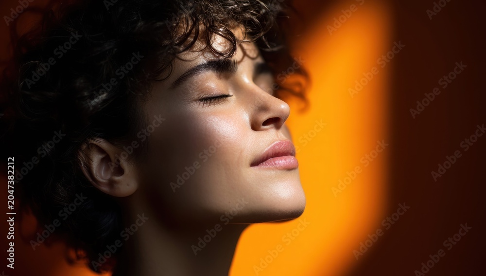 Fototapeta premium Close-up profile of a woman with curly hair bathed in warm sunlight and shadow