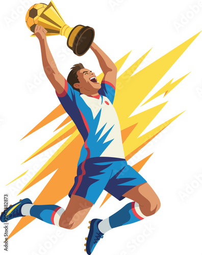 Athlete celebrating victory holding championship trophy with energetic lightning background in flat vector style