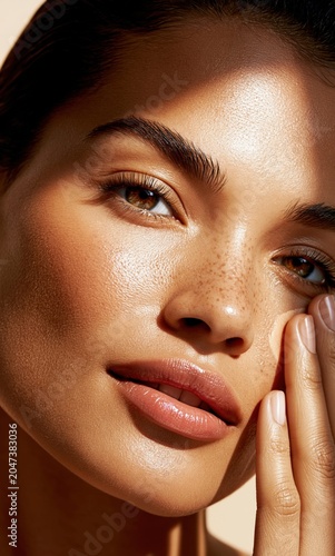 Radiant womans face bathed in warm sunlight