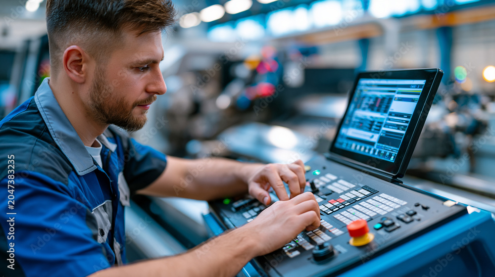 Fototapeta premium CNC lathe operator setting tool offsets on a touchscreen controller before running a complex titanium medical component program, machining center in background cycling through a previous part, repre