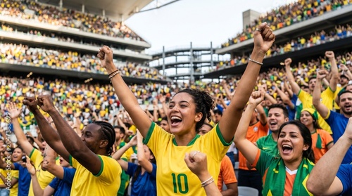 Enthusiastic Brazilian football fans cheering and celebrating with arms raised in a crowded stadium during a soccer match