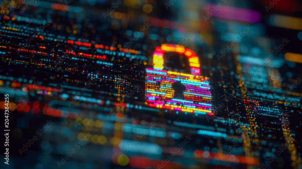 Obraz premium Vibrant digital security concept with colorful pixelated lock icon symbolizing encryption and data protection in futuristic computer code background