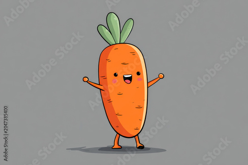 Cartoon character of a happy playful carrot with arms raised and green leaves standing on a gray background symbolizing healthy eating and fun vegetable animation