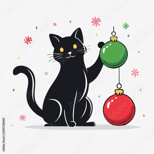 Cute black cat playing with Christmas ornaments