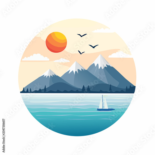 Flat design mountain landscape with lake and sailboat