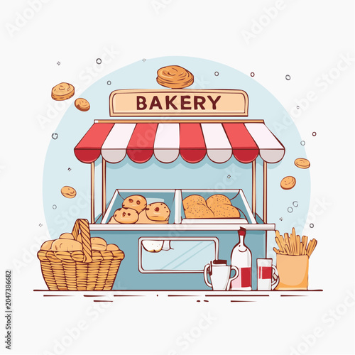 Illustration of a charming bakery stall with fresh bread and pastries