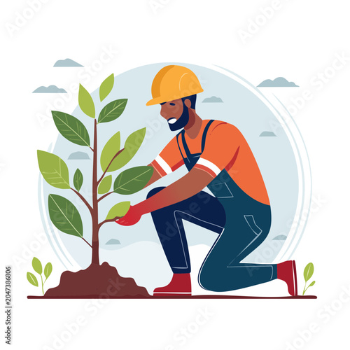 Man in hard hat planting a tree in flat design style