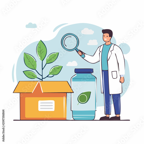 Scientist examining plant growth with magnifying glass