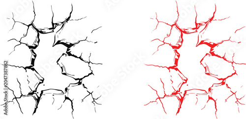 Fotografie Cracked surface effect black and red shatter silhouette design elements