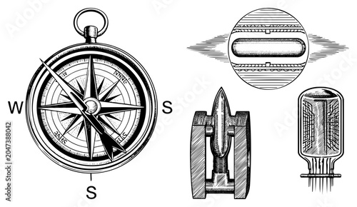 Woodcut style set featuring a traditional mariners guide, a magnetic navigator, and old world technical apparatuses. These etched curiosities showcase intricate and classic scientific precis