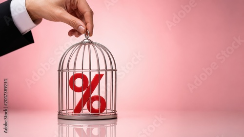 Red interest rate symbol trapped inside silver birdcage held by businessman represents frozen credit growth and restrictive monetary policy control