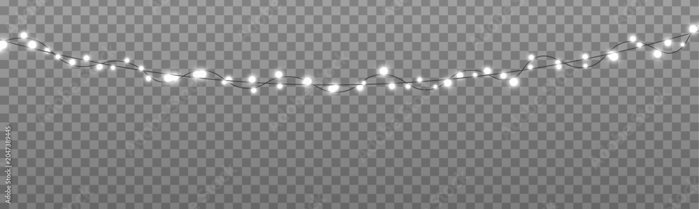 Fototapeta premium Silver LED lamps PNG. White luminous bulb lights and realistic glowing Christmas garland decoration. Xmas lights for advertising, invitations and greeting card design.