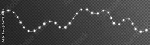 Xmas silver glowing garland lights PNG. White bulb decoration and luminous LED lamps on realistic string. Christmas vector design isolated on transparent background.