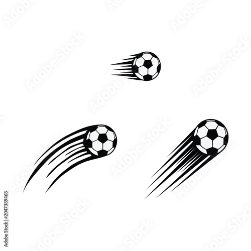 Set of three soccer balls in motion with speed lines