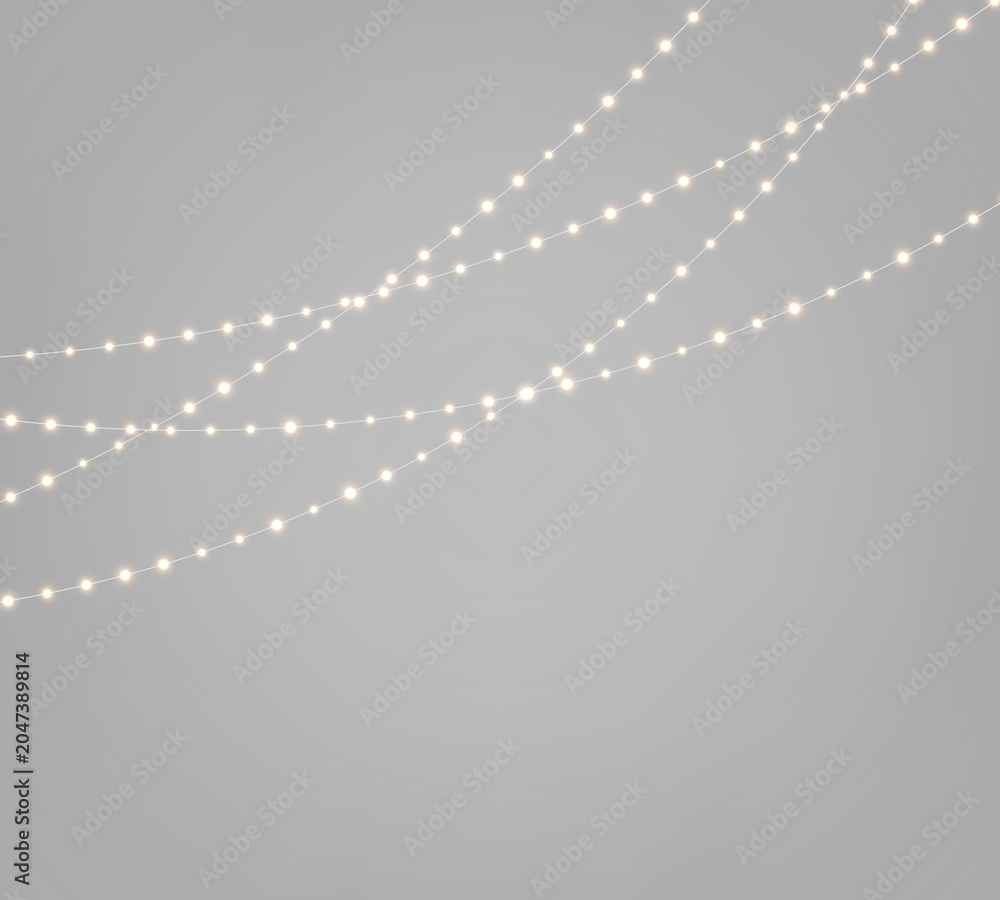 Fototapeta premium Xmas luminous garland PNG. Christmas string lights with golden glowing LED lamps and yellow bulb lights. Realistic decoration isolated on transparent background.
